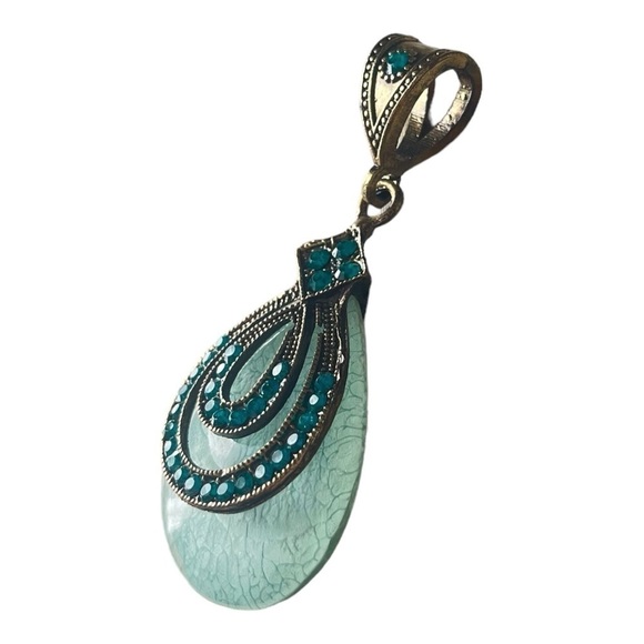 Vintage retro bohemian style turquoise rhinestones oval emerald pendant Women - Picture 10 of 10